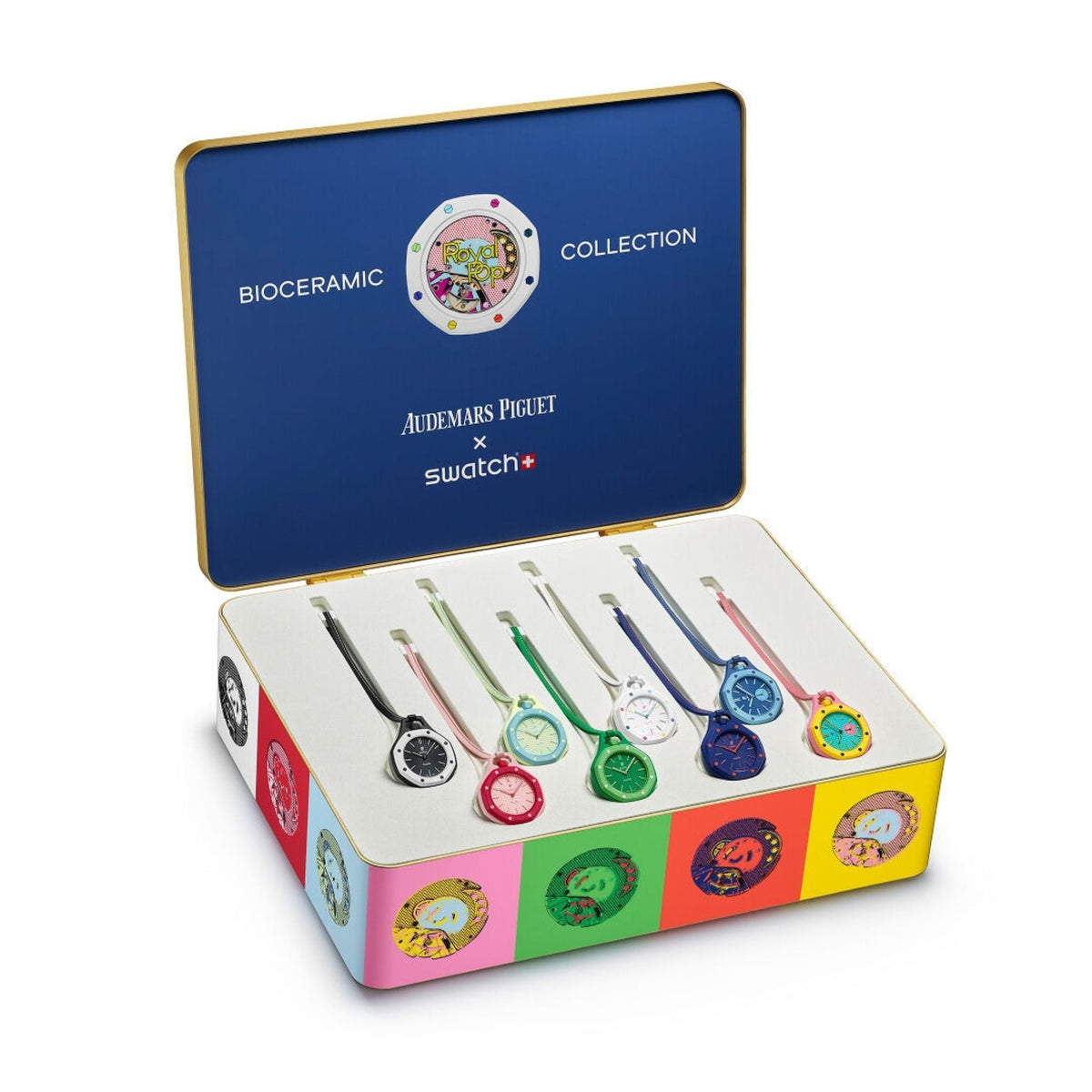 AP Swatch Royal Pop official collection reveal — all 8 colorways including Huit Blanc, Ocho Negro, Green Eight, Blaue Acht, Orenji Hachi, Otto Rosso, Lan Ba, Otg Roz bioceramic pocket watch