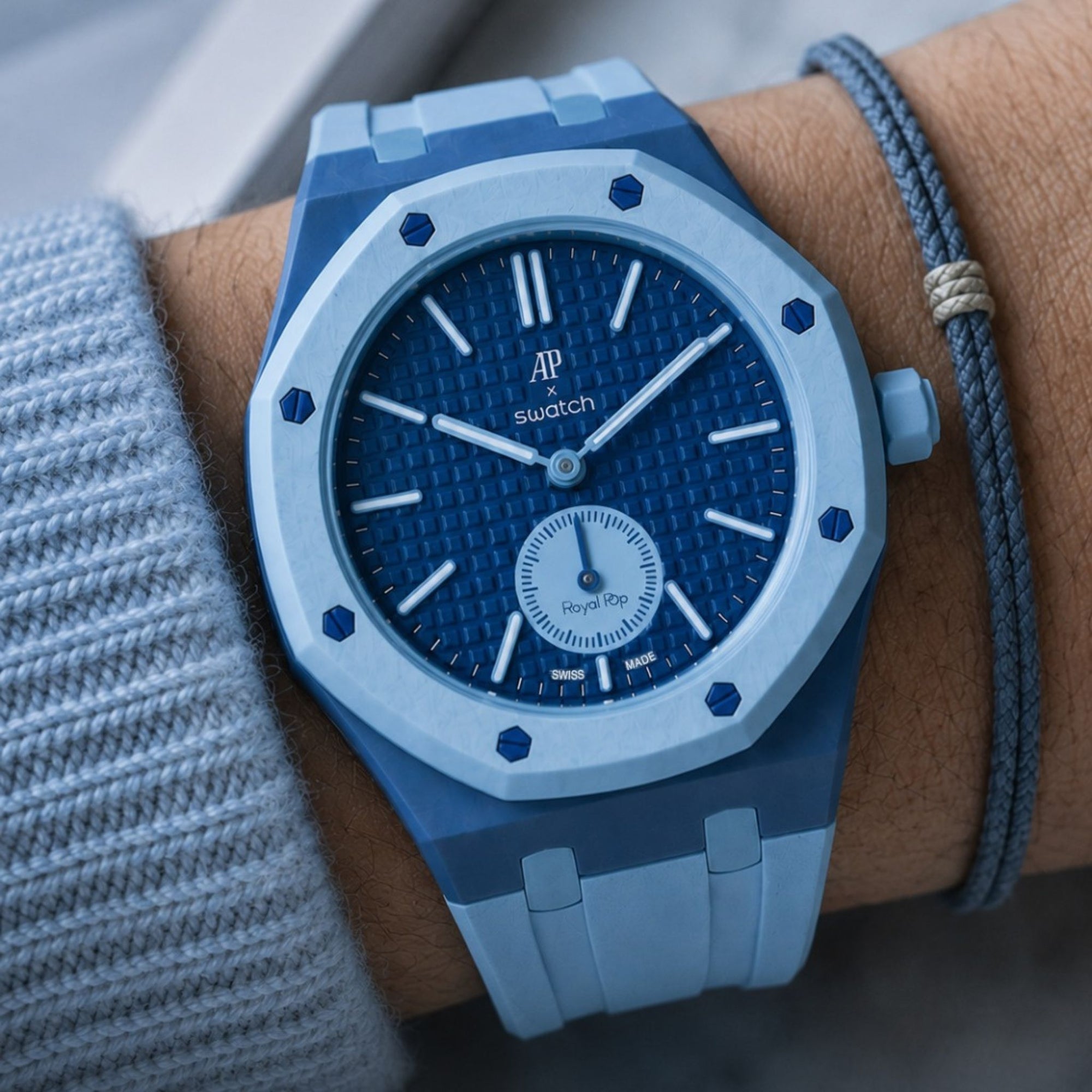 OctoFit™ Wrist Adapter on the AP × Swatch Royal Pop — worn as a wristwatch